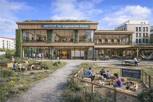Außenansicht des 'Institut für angewandte Pause': Ein modernes, holzverkleidetes Gebäude mit großen Glasfronten, begrünten Fassaden und einem weitläufigen Außenbereich, in dem Menschen entspannen, Tischtennis spielen und Zeit in einem Welpen-Gehege verbringen.